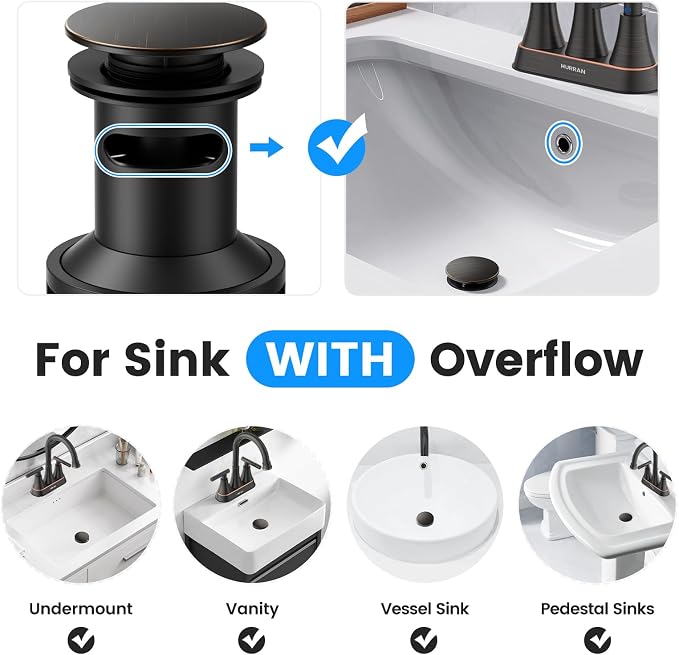 Bathroom Sink Drain with Overflow with Hair Catcher Anti-Clog Sink Strainer | Hurran Bathroom Sink Stopper for 1.65"-1.9" Hole, Plastic Pop-up Drain for Bathroom Vanity Vessel Sink, Oil Rubbed Bronze