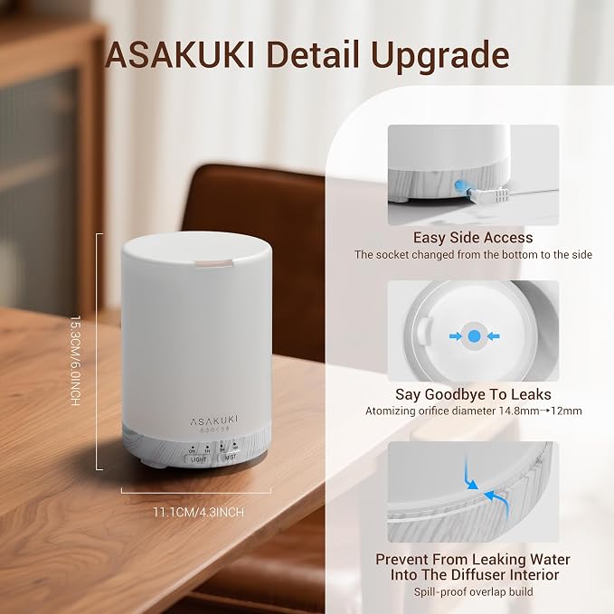 ASAKUKI Essential Oil Diffuser for Home 300 ml Quiet | Automatic Shut-Off, Aromatherapy Diffuser, 7 LED Lights for Living Room, Kitchen, Bedroom, Hotel - White Wood