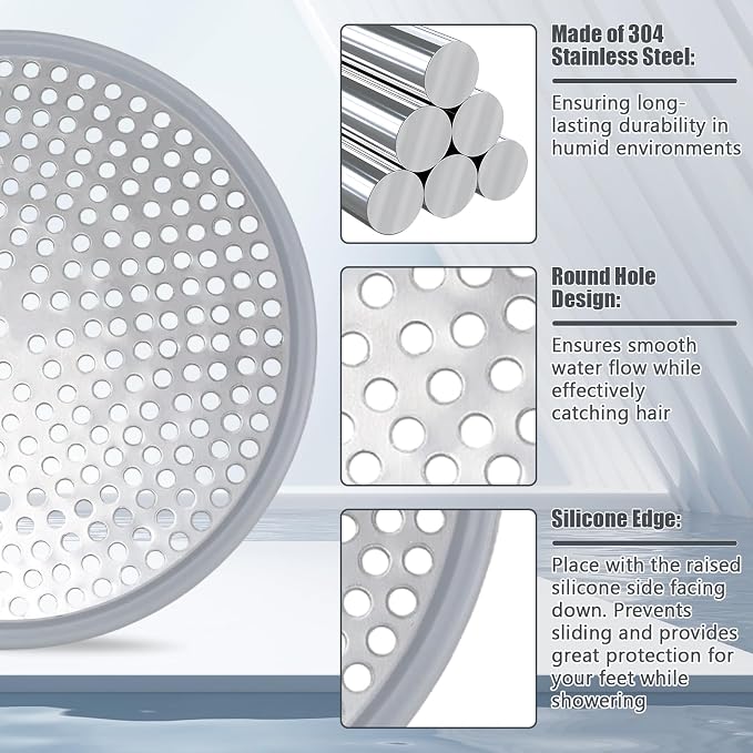 Stainless Steel Shower Drain Hair Catcher/Strainer/Silicone Edges | 4.72-inch diameter, suitable for bathroom and kitchen drains, silver