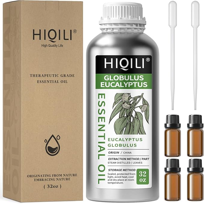 HIQILI Eucalyptus Essential Oil for Spray, Diffuser & Skin | with Four Travel Vials, Massage and DIY Creations, Diffuse for a Clear Surrounding —1000ml / 32 fl oz