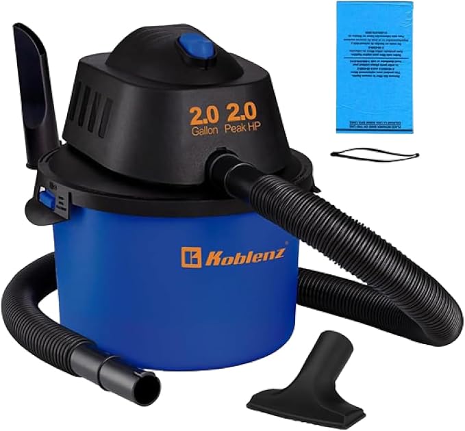 Koblenz WD-2L Wet Dry Vacuum Cleaner, Home Car Garage Workshop, 2.0 PHP | 60 CFM, 10 Ft Reach, Twist-N-Lock Hose, Small Shop Vac, Portable Shop Vac for Home Car Garage Workshop, Accessories Included
