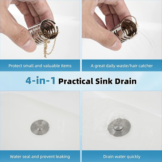 Upgraded Bathroom Sink Drain Strainer Hair Catcher 2PCS Universal 3 in 1 Pop-up Sink Stopper, Fit for 1.1''~2.36'' Basin Hole, with Detachable Stainless Steel Filter Basket, Brushed Nickle