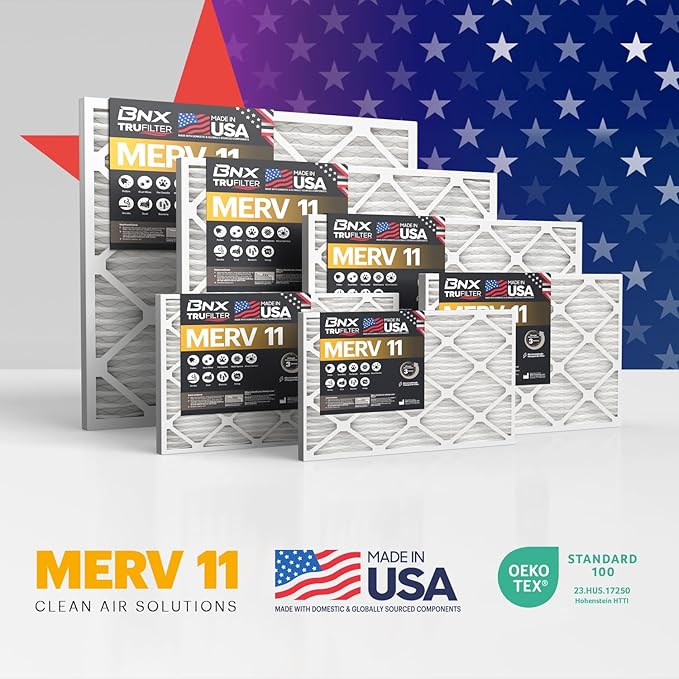 BNX TruFilter 20x25x2 Air Filter MERV 11 (4-Pack) - MADE IN USA - Allergen Defense Electrostatic Pleated Air Conditioner HVAC AC Furnace Filters for Allergies, Dust, Pet, Smoke, Allergy MPR 1200 FPR 7