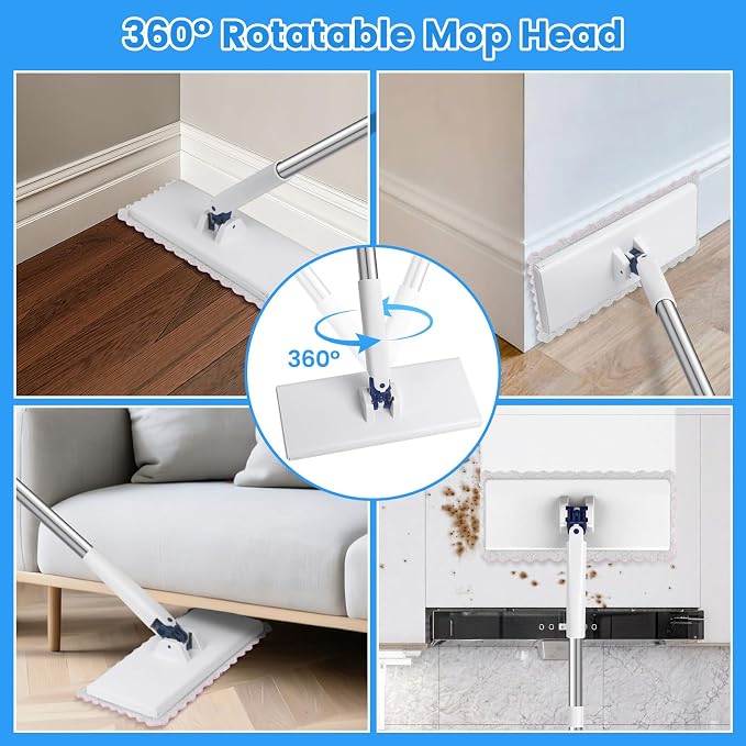 Snap Grip Mini Mop with 6 Washable Pads, Zero-Touch Flat Floor Mop for Wall | Lazy Dry Wet Mops with 47" Handle, Dust Mop Household Items for Floor Cleaning Window Ceiling Home Kitchen Bathroom