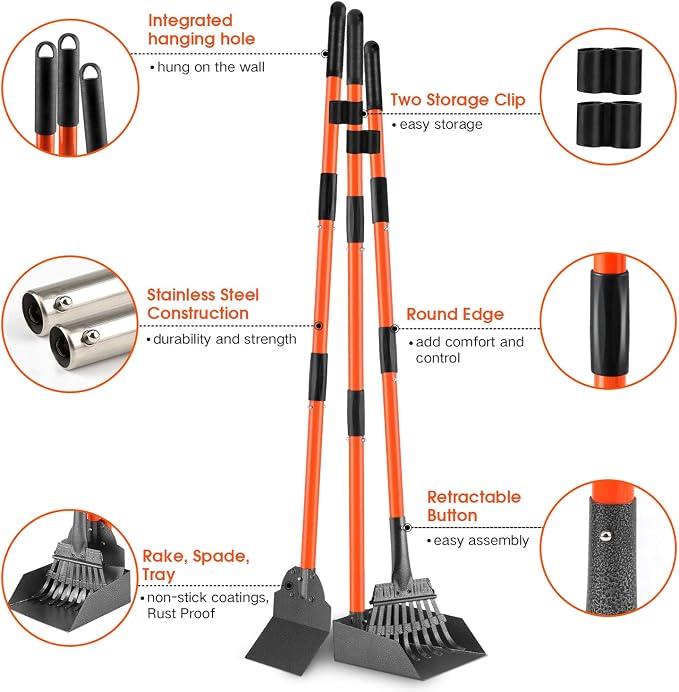Pooper Scooper, Detachable Long Handle Dog Pooper Scoopers with Heavy Duty Metal Rake, Tray & Spade, Durable Pooper Scooper for Large Medium Small Dogs, Great for Lawn, Grass, Dirt, Gravel, Yard