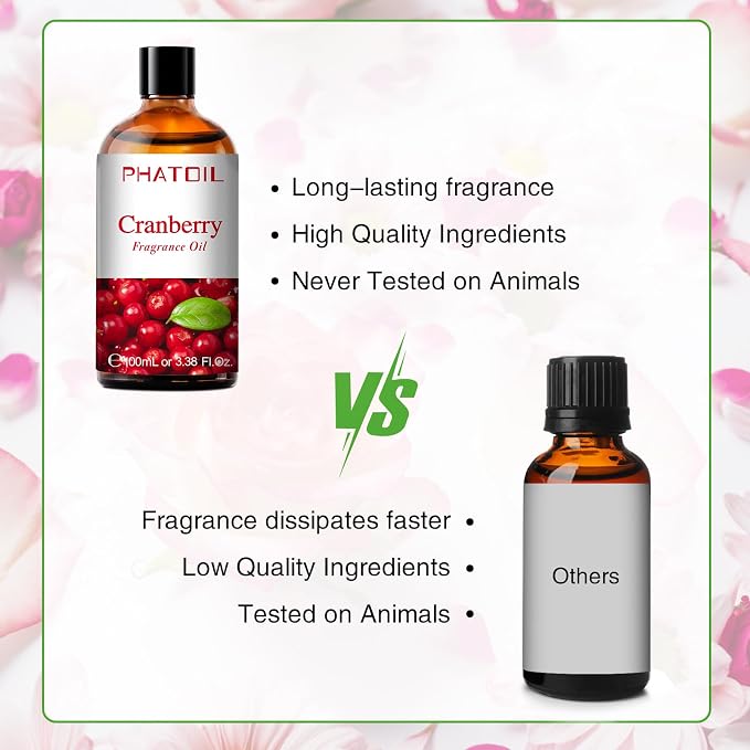PHATOIL Cranberry Fragrance Oil for Diffuser Aromatherapy 3.38FL.OZ | Long Lasting Scented Oils For Humidifier, Air Freshener, DIY Soap Candle, Scent Project Making, Aroma Oil for Home Freshening