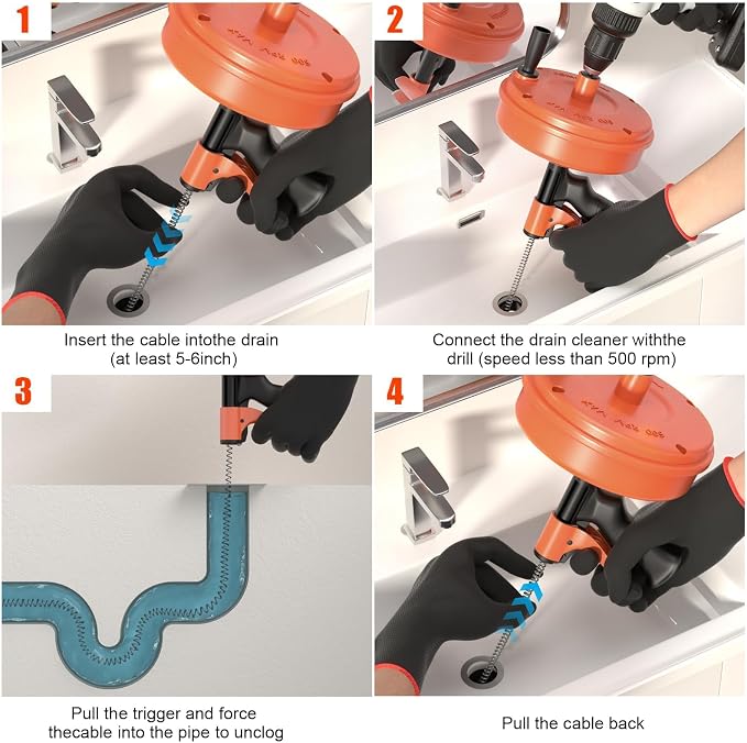 【2026 Newest】50 FT Drain Snake, Plumbing Snake Drain Auger Hair Clog Remover, Flexible Plumbing Snake Use Manually or Powered for Kitchen,Bathrom and Shower Sink Gloves for L-Type Sewer