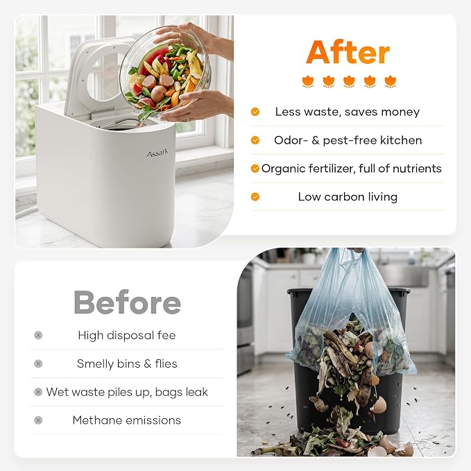 Smart 6L Electric Composter for Kitchen, Large Countertop Compost Bin with Carbon Filter & Auto-Cleaning,One-Touch Start, Smart Humidity-Sensing LED Display,Visible Window Odorless Low Noise