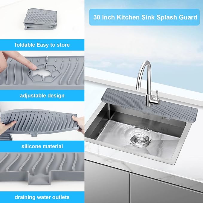 Derlights 30 inch Sink Splash Guard Mat,Silicone Faucet Handle Drip Catcher Tray, Longer Silicone Sink Mat for KitchenBathroom, Drip Protector Splash Countertop (gray)