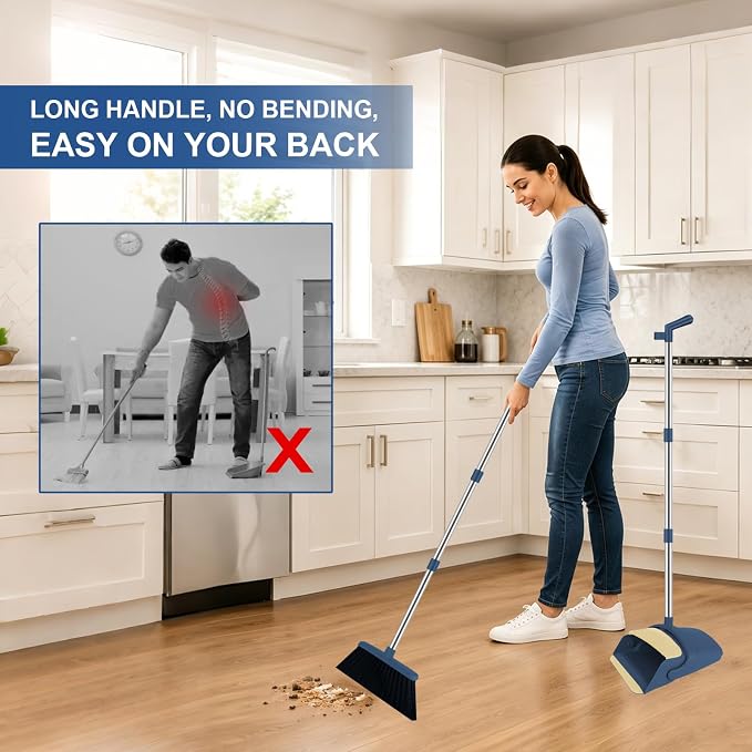 Broom and Dustpan Combo Set, 51" Long Handle with Squeegee & Mini Set | Blue Complete Cleaning Kit, Floor Squeegee for Wet & Dry Messes, Built-in Comb Dustpan, Mini Broom Set，for Home & Pet Areas
