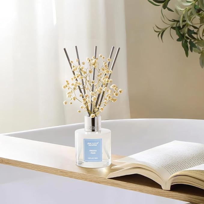 Reed Diffuser Set,3.38 fl oz (100 ml) - Freesia Pear Oil Diffusers with 8 Reed Sticks, Home Fragrance Reed Diffuser for Bathroom Shelf Decor