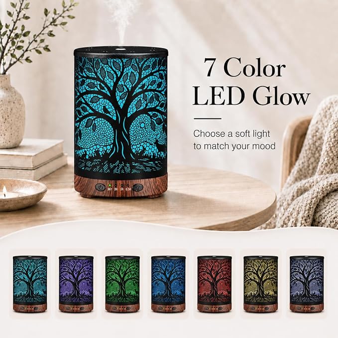 Essential Oil Diffuser, 120 ml Aromatherapy Diffuser with 7 Color Lights, Auto Shut-Off and 4 Timer Settings, Ultrasonic Cool Mist Diffuser for Home Room Office (Harvest Tree)