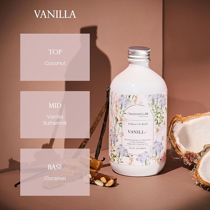 M&SENSE Reed Diffuser Set, Vanilla, 17oz Natural Essential Oil | Non-Toxic Organic, Long-Lasting Fragrance, Ideal for Living Room, Bedroom, Gifts for Women