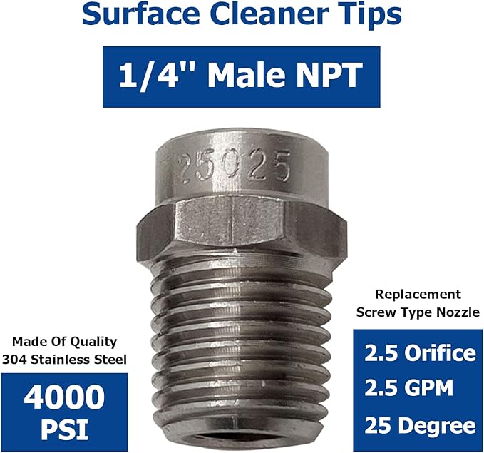 25025 Surface Cleaner Tips for Pressure Washer Nozzles with 2.5 Orifice, 4000 PSI, 1/4'' Male NPT, Stainless Steel (4 Pack)