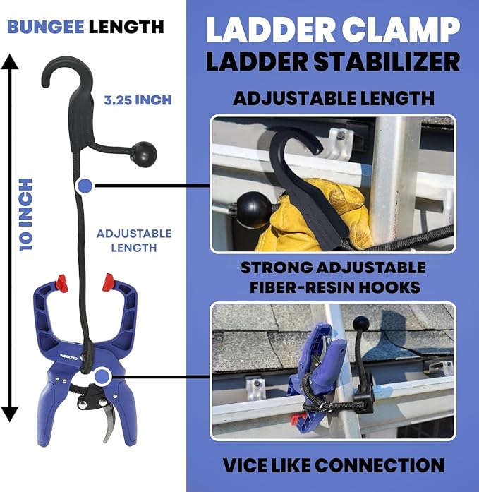 Holden USA - Ladder Clamp - Stabilizer Clip – Secure Safety Clamp for Roof, Gutters, and Wall Prep – Durable Support Cord for Roofing and Gutter Tasks (Pair / 2 Units) Blue