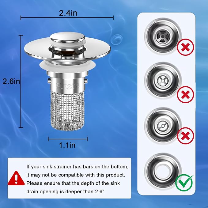 Bathroom Sink Drain Strainer, Pop-up Sink Drain Strainer with Removable Stainless Steel Strainer Basket Hair Catcher, Bathroom Sink Strainer for Bathroom Sink Stopper Replacement(1PCS)
