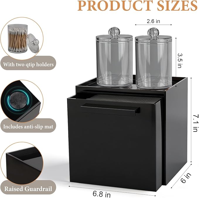 Anyoifax Disposable Face Towels Holder with 2 Pack Qtip Holders, Black | Acrylic Box Bin Compatible with Clean Skin Club Clean Towelettesl XL Bathroom Counter Storage with Drawer