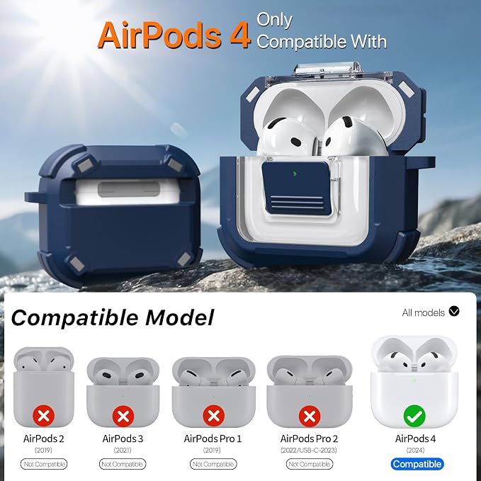 R-FUN for AirPods 4 Case with Lock Magnetic Lid MagSafe, Blue | Compatible with Apple AirPods 4th Generation Protective Case with Cleaner Kit & Carabiner, Powerful Drop Protection