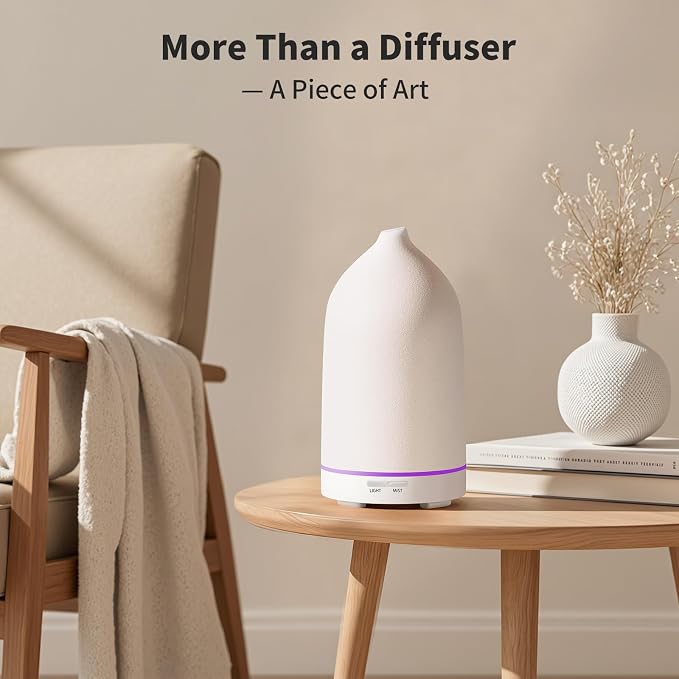 URPOWER 120mL Ceramic Essential Oil Diffuser with Quiet Mist & Auto-Off | Ultrasonic Mist with 2 Mist Modes and 7-Color LED Lighting for Bedrooms, Offices and Daily Aromatherapy