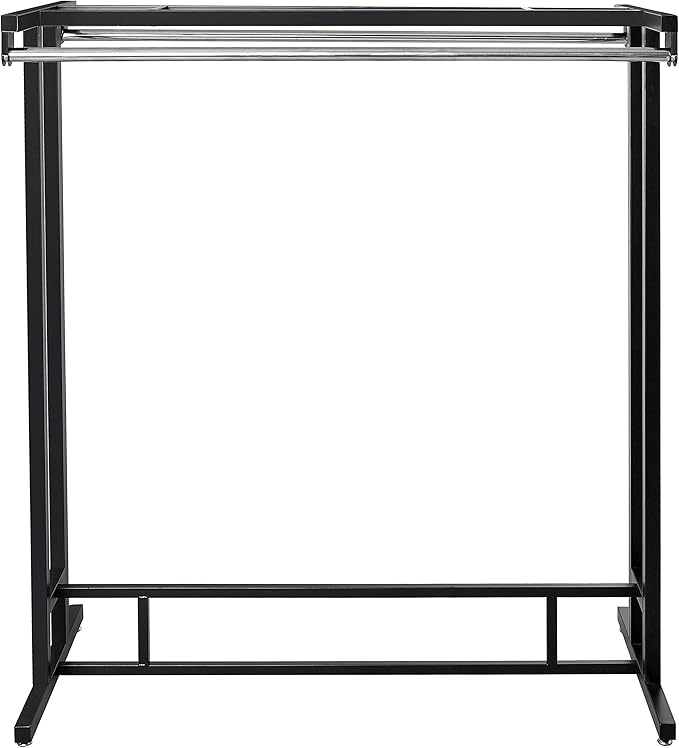 MyGift Black Stainless Steel Freestanding Garment Rack, Heavy Duty Double Rod Clothes Rack Clothing Hanger Stand with Storage Display Shelf