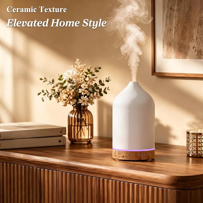 URPOWER 180mL Ceramic Essential Oil Diffuser Aromatherapy Diffuser for Home | Features Ultrasonic Mist, Auto-off Protection and 7-Color LED Lighting for A Relaxing Everyday Aromatherapy Experience