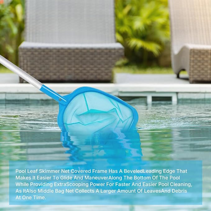 Pool Mesh Skimmer Net with Adjustable Aluminum Pole, Fine Leaf Skimmer for Above Ground & Inground Pools, Hot Tub, Spa & Pond, Pool Cleaner for Leaves, Bugs and Debris Easily Catches Leaves