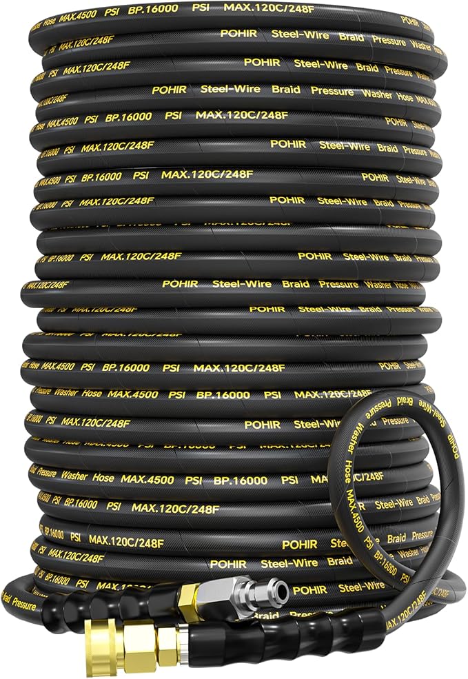 POHIR 100FT Pressure Washer Hose 4500PSI, Power Washer Hose Steel Wire Braided 3/8'' Swivel Quick Connect, 5/16'' ID. Commercial Grade Industrial High Pressure Water Washing Hose