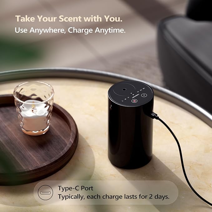 Airversa AN8 Waterless Essential Oil Diffuser Starter Kit, Black | 2X20 mL BLG+BCR Hotel Scent Fragrance Oil, Up to 600 sq ft, Battery Operated, Portable for Home Car Office, AN8Kit-2x20-B