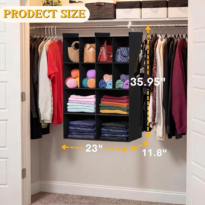 4 Tier Hanging Closet Organizer, 12 Compartments Dual Row Storage, Black | Closet Organizers and Storage with Large & Small Cubbies, 3 Sturdy Hooks Support Heavy Loads, for Dorm, RV, Garment Rack