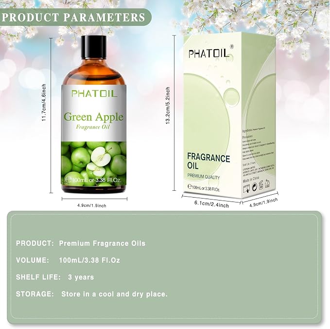 PHATOIL Green Apple Fragrance Oil for Diffuser Aromatherapy 3.38FL.OZ | Long Lasting Scented Oils For Humidifier, Air Freshener, DIY Soap Candle, Scent Project Making, Aroma Oil for Home Freshening