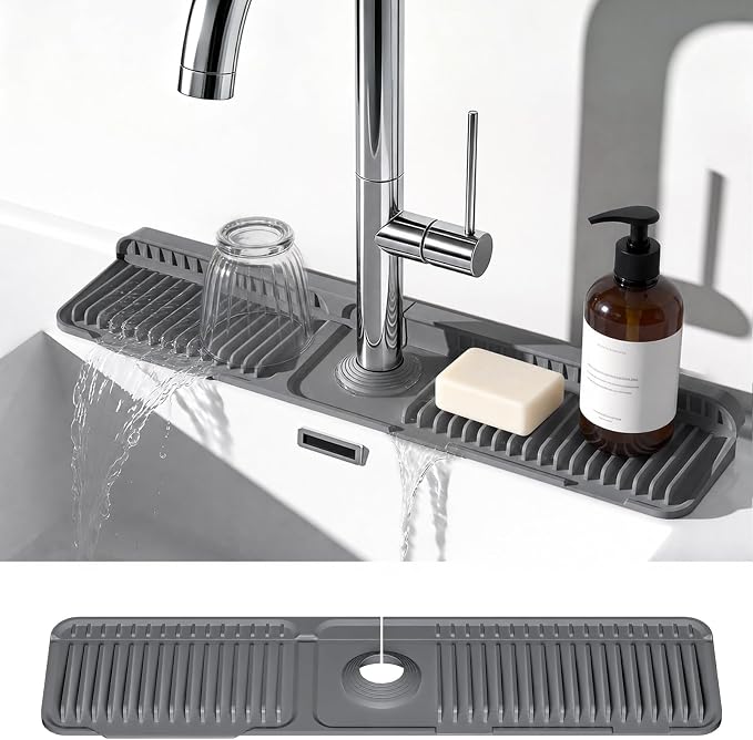 24 Inch Faucet Mat for Kitchen Sink, Silicone Splash Guard for Kitchen Sink Area, 7° Slope Fast Self-Draining Sink Mat, Cuttable Hole Design, Sink Backsplash Guard Draining Mat, Dark Grey