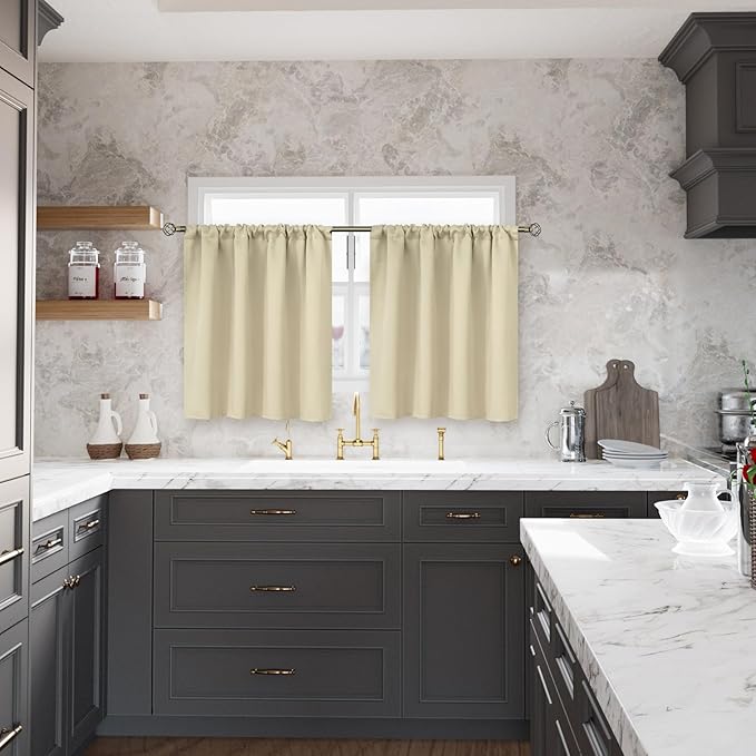 BGment Beige Blackout Curtains for Kitchen Cafe Window 34 x 40 Inch Long - Short Length Drapes with Rod Pocket Half Window Darkening Blinds for Bathroom Rv Bedroom, 2 Panels