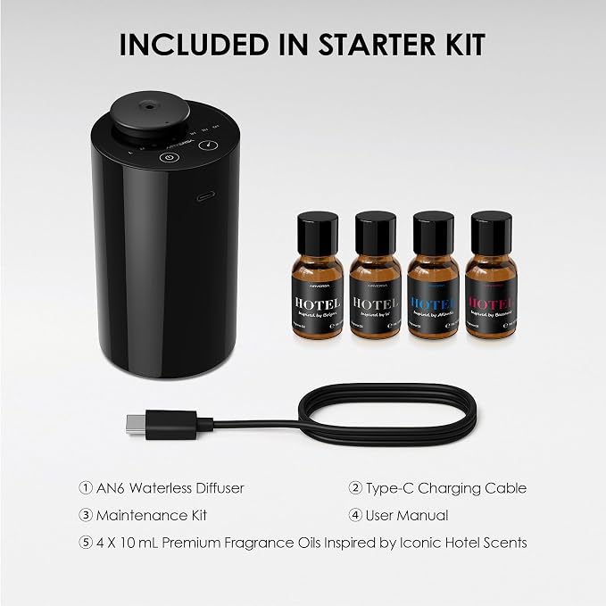 Airversa AN6 Waterless Essential Oil Diffuser Starter Kit, Black | 4 x 10mL Hotel Scent Fragrance Oi, Up to 600 sq ftl, Battery Operated, Portable for Home Car Office, AN6Kit-4x10-01