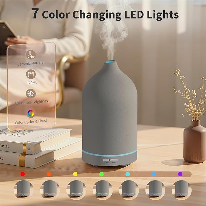 URPOWER 120mL Ceramic Essential Oil Diffuser Diffuser Oil Machine | Elegant Ceramic Finish with Ultrasonic Mist, Adjustable Modes and 7-Color LED Lighting for A Comfortable Home Atmosphere