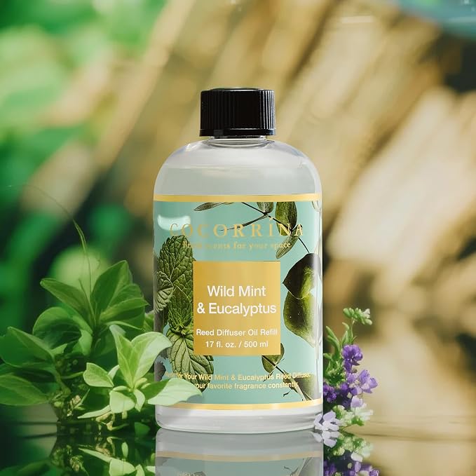 Reed Diffuser Refill Wild Mint & Eucalyptus 17oz (500ml) with 8 Sticks - Premium Long-Lasting Scented Oil, Home Fragrance for Bedroom, Bathroom Home Decor