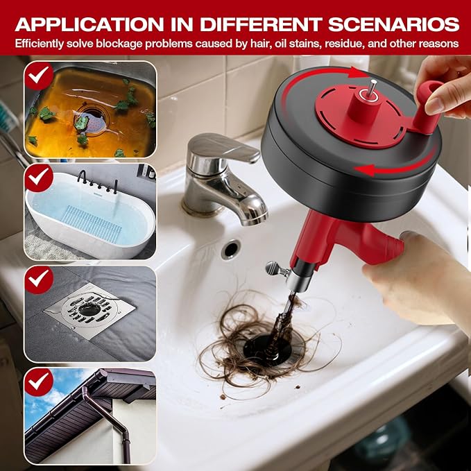 Drain Snake, 25ft Flexible Steel Drain Auger With Drill Adapter, Plumbing Unblocking Hand Auger, Manual Or Powered for Shower & Bathtub Clogs-No auto retract or feed