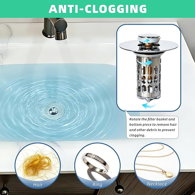 All Metal Pop-Up Stopper(1 Pack，Chrome) Bathroom Sink Drain Strainer Hair Catcher 304 Stainless Steel Filter Basket Brass Bullet Core for Washbasin with a Drainage Outlet of Size 1.1"-1.5"