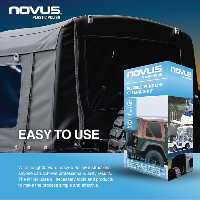 NOVUS Plastic Polish | Flexible Window Kit | One 3” Backing Pad for Drill, One 3” Green Foam Pad, One 3” Black Foam Pad, 1, 2, Three Polish Mate Wipes, One Microfiber Towel