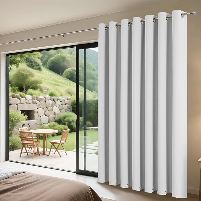 Joydeco Blackout Patio Sliding Door Curtains 96 Inches Long, Grommet Privacy Room Divider Curtains, Extra Wide Thermal Blackout Drapes for Bedroom Living Room (Greyish White, 70Wx96L, 1 Panel)