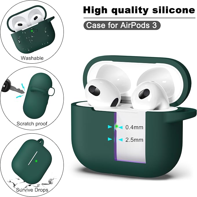 R-fun Compatible with AirPods 3 Case Cover, Silicone Protective Accessories Skin with Keychain Compatible with Apple AirPod 3rd Generation 2021 for Women Men Girls Boys,Front LED Visible,Forest Green