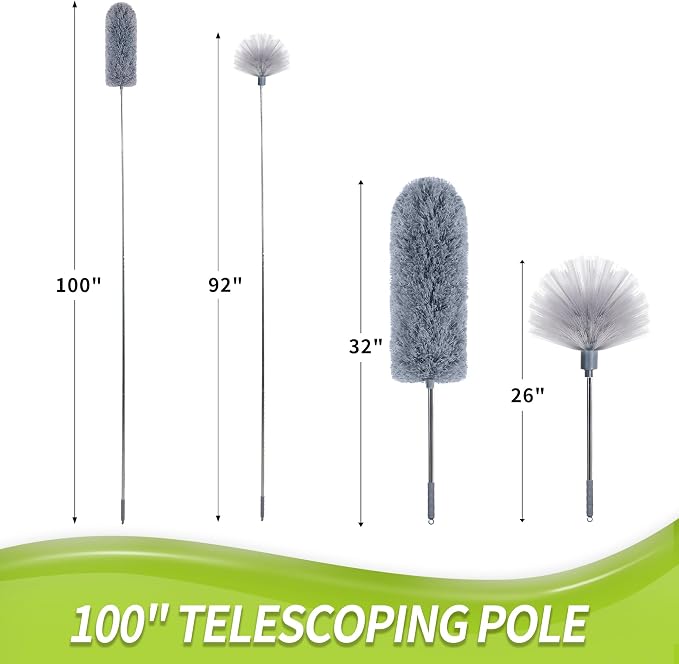 IVYROLL Cobweb Duster with Extension Pole | Spider Web Brush & Ceiling Cleaning Kit, 100" Microfiber Feather Duster Cleaner with Washable Head for Fan, Furniture, Home