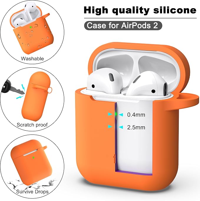 R-fun for AirPods 1/2 Case, Soft Silicone Protective Cover with Keychain and Cleaning Pen, Compatible with AirPods 2nd/1st Generation (2016/2019), Full Drop Protection Cover, Orange