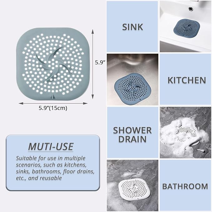 Drain Cover with Suction Cups, 5.9" Flat Square Strainer for Shower, Bathroom, Sink, 4 Pack