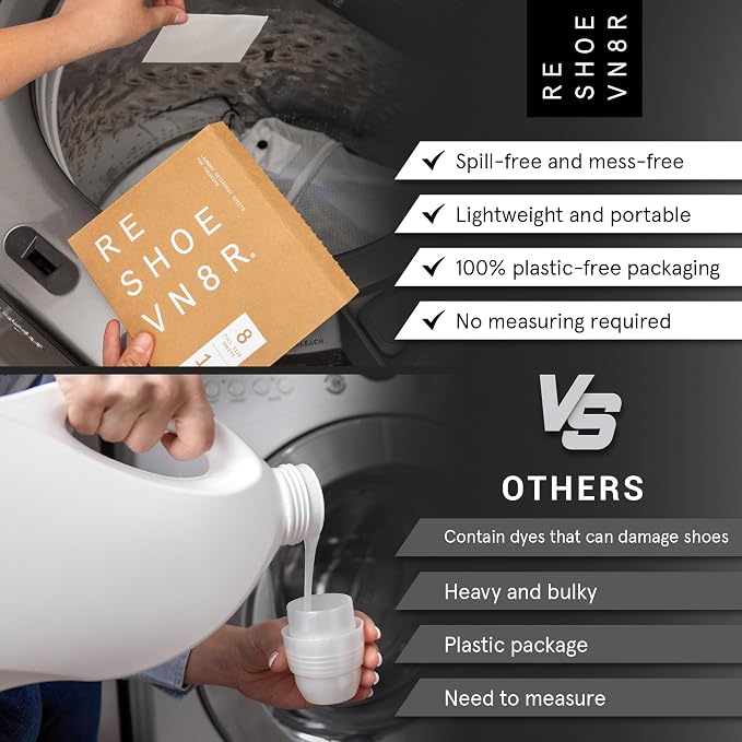 RESHOEVN8R Shoe Wash Detergent Laundry Sheets - 16 Loads, Cleans 48 Shoes | Eco-friendly formula safe on all shoes, laces & materials, for use in the washing machine