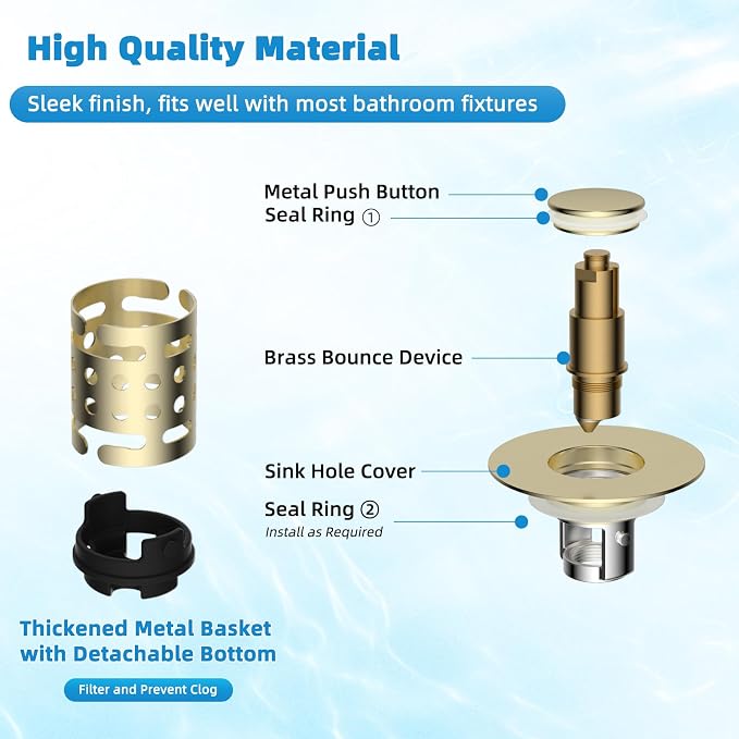 Universal Bathroom Sink Drain Stopper Hair Catcher, Brushed Gold | Upgraded with 2-Layer Detachable Filter Basket, 4 in 1 Pop Up Drain Strainer, Anti-Clog, Fit for 1.1''~2.36'' Sinks