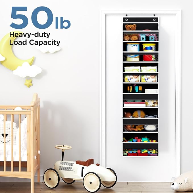 6 Tiers Over The Door Organizer, Behind The Door Storage Hanging Shelves | Heavy Duty Hanging Organizer Storage with Large Capacity Pockets for Closet Wall Bathroom Bedroom Nursery Pantry, 1 Black
