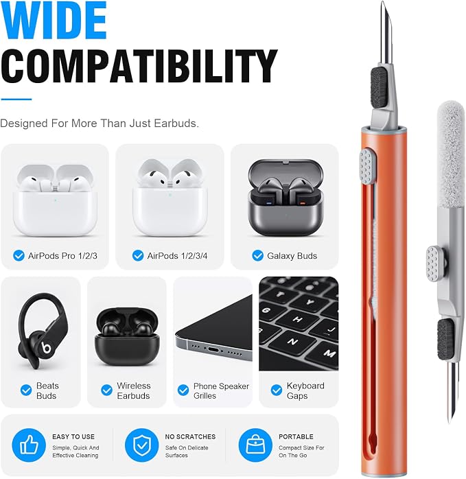 Hyashee Cleaner Kit for Airpods Pro 1 2 3 Multi-Function Cleaning Pen with Soft Brush Flocking Sponge for Bluetooth Earphones Case Cleaning Tools (Orange)