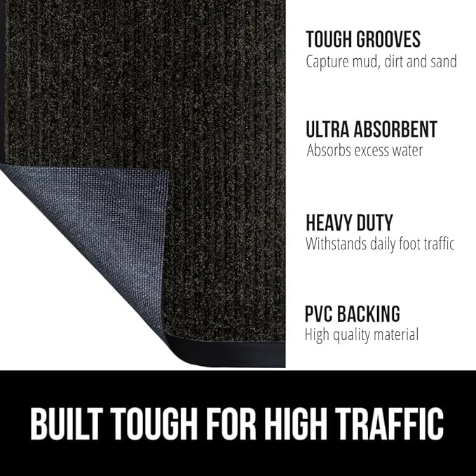 GORILLA GRIP Traffic Guard Door Mat, Heavy Duty Welcome Mats, Commercial Office Space Doormat, Waterproof, Fade Resistant, Strong Rubber Backing, Low Profile, Shoe and Boot Scraper, 29x17, Jet Black