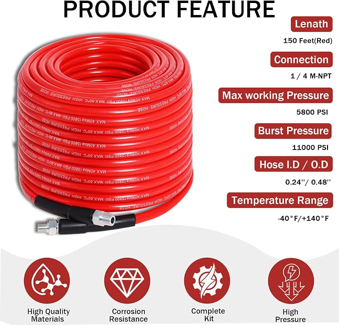 150FT Sewer Jetter Kit for Pressure Washer 5800 PSI Drain Cleaner | 1/4" NPT Drain Cleaning Hose with 5 Jetting Nozzles Waterproof Tape Pearl Corsage Pin and 2 Spanners (Red)