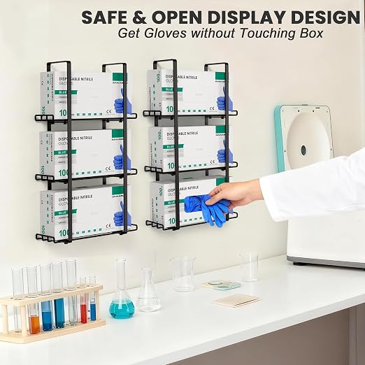 Glove Holder Dispenser for Wall Mount, 2 Pack Metal Disposable Latex Glove Box Holder for Home Office, Lab and Garage, Tissue Wire Rack Wall-mounted for Kitchen Organizer Decor, Blak